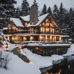 a large house covered in snow next to a body of water with stairs leading up to it