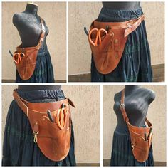 four pictures of a woman's leather waist belt with scissors in the center and on the other side