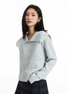 Lovely Collar Buttoned Cardigan OO323 - Korean Women's Fashion | LEWKIN Button-up Winter Work Sweater, Button-up Sweater For Winter Workwear, Winter Workwear Button-up Sweater, Lapel Collar Cardigan With Button Closure For Fall, Fall Cardigan With Button Closure And Lapel Collar, Solid Button Sweater For Work, Elegant Collared Cardigan For Work, Elegant Collared Workwear Cardigan, Classic Gray Sweater For Workwear