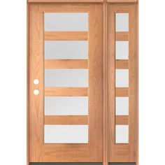 a wooden door with two glass panels on the front and side doors in light wood