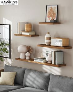 some shelves on the wall above a couch