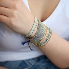 Gold Vermeil Chain and Aqua Silk Woven Bracelet with Crystal Bead Detail and Sliding Adjustable Closure. Bracelet measures 0.25" wide. Ring Inspo, Woven Bracelet, Woven Bracelets, Pendant Rings, Custom Rings, Ring Bracelet, Earring Necklace, Wedding Ring Bands, Gold Vermeil