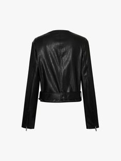 MO&Co. Women's Faux Leather Moto Jacket Influenced by Moto design, this jacket is made of soft leather with a short cut and exposed metal hardware to give it a cool and modern look. It recommend wearing it with a wide pants or skirt. Features : - Slim fit, collarless design- Side pockets and zip closure- Cropped hem with buckle-fastening belt Code: MBD3JKT030The back length of size S is 50.3cmMATERIALS & CARE Material: Polyurethane artificial leatherREMINDER: All items are measured manually. Ple Edgy Leather Cropped Jacket, Leather Cropped Jacket For Spring Night Out, Belted Biker Jacket For Workwear, Biker Leather Jacket With Asymmetrical Zip For Work, Edgy Biker Jacket With Belt Loops For Workwear, Edgy Leather Jacket With Belt Loops For Work, Chic Faux Leather Biker Jacket For Night Out, Chic Black Biker Jacket With Belt Loops, Edgy Belted Biker Jacket For Work