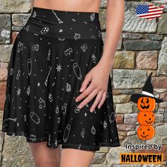 🎃👻Skater skirt Halloween Inspired 🕸️🦇 #Halloween #Skirt #ElasticWaistband #Skater Rave Halloween Cosplay Bottoms, Rave Style Halloween Cosplay Bottoms, Black Rave Bottoms For Halloween, Rave Style Black Bottoms For Halloween, Black Cosplay Skirt For Fall, Fitted Black Skirt For Costume Party, Fitted Black Skirt For Halloween, Casual Black Skirt For Cosplay, Fitted Black Skirt For Costume