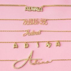 Presenting the Adina Eden Solid Bubble Name Link Necklace, a stunning addition to your jewelry collection that effortlessly combines style and personalization. Crafted from sterling silver and luxuriously gold plated, this necklace exudes elegance and sophistication. The nameplate, standing at a height of 7mm, ensures that your chosen name or word is showcased prominently. The sleek Cuban chain design, with a thickness of 2mm, offers both durability and comfort, while the adjustable length of 15 Nameplate Necklace Gold, Nameplate Necklace Silver, Customized Necklace, Sideways Initial Necklace, Custom Initial Necklace, Necklace Name, Nameplate Necklace, Bubble Letters, Initial Bracelet