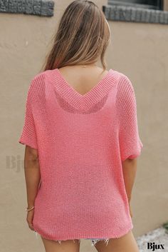 Bjux - Top de punto holgado con cuello en V y medias mangas, de favorecedor ajuste Pink Textured Knit V-neck Sweater, Pink V-neck Open Knit Sweater, Casual V-neck Sweater For Beach, Pink V-neck Knit Top, V-neck Textured Knit Beach Sweater, Trendy V-neck Sweater For Vacation, V-neck Pointelle Knit Top For Layering, Chic V-neck Knit Sweater, Stretch Fine Knit V-neck Sweater