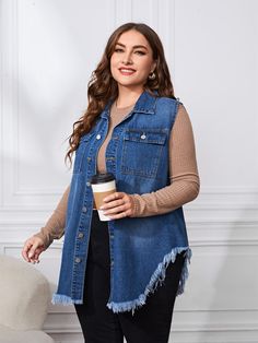 Medium Wash Casual Collar Sleeveless Denim Plain vest Embellished Non-Stretch  Women Plus Clothing Denim Vest Outfit, Sleeveless Denim Jacket, Blue Jean Vest, Vest Denim, Plain Vest, Denim Vests, Plus Size Denim, Frayed Denim, Jeans Casual