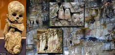 several images of statues on the side of a cliff face with trees growing out of them