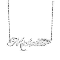 Get high honours with this remarkable graduation gift! Personalize this posh and classic style necklace with the name of your choice, up to twelve characters in length, sculpted in an elegant script font with a heart-shaped accent on the end engraved with her 4-digit graduating year to complete the look. The design is centered along a 16.0-inch cable chain, with a 2.0-inch extender, that secures with a spring-ring clasp. Polished to a brilliant shine, this necklace is the perfect graduation surp Elegant Name Necklaces For Anniversary Gift, Elegant Custom Name Necklace For Anniversary, Elegant Personalized Necklace For Anniversary Gift, Formal Initials Nameplate Necklace, Classic Formal Name Necklace With Initials, Classic Personalized Name Necklace For Anniversary, Formal Nameplate Initials Necklace, Elegant Engraved Name Necklace For Anniversary Gift, Elegant Personalized Name Necklace For Anniversary