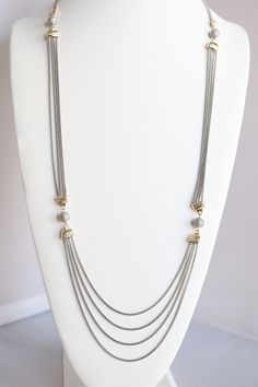 Beautiful Silver and Gold Necklace Cheap Elegant Double Strand Beaded Necklaces, Elegant Double Strand Silver Chain Jewelry, Elegant Metal Layered Necklace With Beaded Chain, Long Jeweled Chain Necklace, Elegant Layered Metal Necklace With Beaded Chain, Elegant Double Strand Beaded Necklace With Chain, Elegant Metal Jewelry With Double Chain, Elegant Beaded Chain Layered Necklace, Silver Long Necklace With Jewels