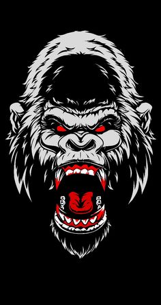 an angry gorilla face with red eyes and fangs on it's teeth, black background