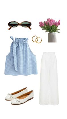 a woman's clothing and accessories including shoes, sunglasses, flower vase, ring, eyeglasses