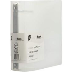 clear glass binder with 3 rings on each side and 1 inch tabs attached