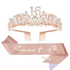 a tiara, comb and ribbon with the words sweet 16 on it in pink