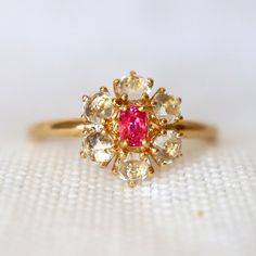 Neon Pink Spinel Halo Ring With Rose-cut Sapphire Pink Engagement Ring. Dainty Engagement Ring 14K Yellow Gold US 6.75 RTS - Etsy Gold Ruby Ring With 17 Jewels For Wedding, Heirloom Yellow Gold Multi-stone Diamond Ring, Heirloom Yellow Gold Cluster Ring With Gemstone, Cluster Yellow Gold Ring With Rose Cut Diamonds, Classic Ruby Ring With Rose Cut Diamond Cluster, Pink Gold Jewelry With Rose Cut Diamonds For Weddings, Pink Gold Rose Cut Diamond Wedding Jewelry, Victorian Gold Cluster Ring With Gemstone, Ruby Birthstone Promise Ring With Rose Cut Diamonds