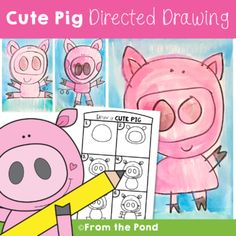 a pig is holding a pencil in front of some pictures and writing on paper with the words cutie pig directed drawing