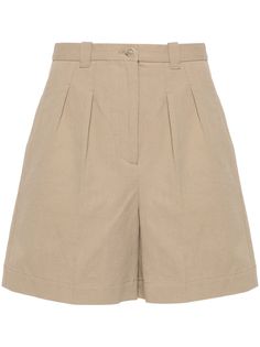 beige cotton-linen blend poplin texture pleat detailing dart detailing mid-rise wide leg thigh-length two side inset pockets rear welt pocket unlined belt loops zip fly fastening front button fastening Cotton Shorts Women, Brown Shorts, Dart, Cotton Shorts, Welt Pocket, Short Outfits, A P, Cotton Linen, Warm Weather