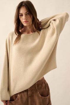 Solid ribbed knit sweater. Boat neckline. Long sleeves. Drop shoulders. Rolled collar, cuffs, and hem. Loose fit. 60% Cotton, 40% Acrylic. Imported. Designed in LA. Model wears size S. Rolled Collar, Chill Vibes, Ribbed Knit Sweater, Boat Neckline, Drop Shoulder, Knit Sweater, Ribbed Knit, Oatmeal, Knitted Sweaters