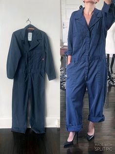 Vintage Navy Blue Utility Coveralls 1990's Men's XL Work Wear Coveralls 90's Blue Overalls. In great condition! Listed as a size 42R, and fits like a modern men's L/XL. Measurements are as follows: Shoulders: 19 inches  Chest: 42 inches  Waist: 37 inches  Length: 62 inches  Inseam: 29 inches  Sleeves: 23.5 inches 90s Style Blue Cotton Denim Jumpsuit, 90s Blue Cotton Denim Jumpsuit, 90s Blue Denim Jumpsuit With Pockets, Retro Blue Denim Jumpsuit With Pockets, Vintage Blue Long Sleeve Overalls, Blue Utility Jumpsuit With Relaxed Fit, Blue Relaxed Fit Utility Jumpsuit Or Romper, Blue Utility Jumpsuits And Rompers With Relaxed Fit, Blue Relaxed Fit Utility Jumpsuits And Rompers