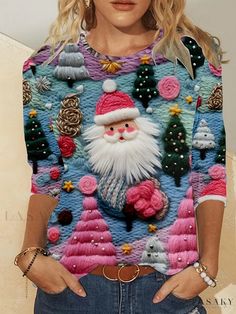 a woman wearing a christmas sweater with santa clause on it