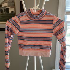 Super Cute Seamless Long Sleeve From Uo! Very Stretchy Fitted Pink Crop Top From Urban Outfitters, Fitted Pink Crop Top By Urban Outfitters, Striped Ribbed Cropped Tops, Multicolor Fitted Cropped Top, Urban Outfitters Stretch Ribbed Tops, Urban Outfitters Ribbed Long Sleeve Tops, Urban Outfitters Long Sleeve Ribbed Tops, Fitted Multicolor Ribbed Top, Striped Crop Top For Spring