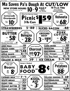 a black and white poster with different prices for various items in the store on it