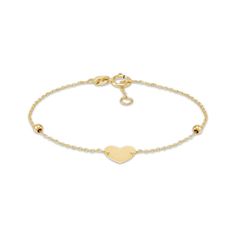 Your little one will love to show off this sweetly styled heart bracelet. Crafted in 14K yellow gold A solid 7.2 x 8.2mm polished heart centers the design Two beads shine along the semi-solid cable chain The adjustable 6-inch bracelet secures with a spring ring clasp Made in Italy Adjustable Classic Heart Bracelet For Valentine's Day, Classic Adjustable Heart Bracelet For Valentine's Day, Dainty Yellow Gold Heart Bracelet For Mother's Day, Classic Heart Bracelets For Valentine's Day, Adjustable Yellow Gold Heart Bracelet, Classic Heart-shaped Bracelets For Valentine's Day, Yellow Gold Bracelets With Heart Charm, Yellow Gold Bracelet With Heart Charm, Classic Yellow Gold Adjustable Heart Bracelet