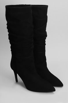 High heels boots in black suede, pointed toe, slip on, draped, leather sole, heel 90 mm, 100% suede, Made in Italy Chic Pointed Toe Heeled Boots With Suede Lining, Suede High Ankle Heeled Boots For Evening, Evening High Ankle Suede Heeled Boots, High Ankle Suede Heeled Boots For Evening, Elegant High Ankle Heeled Boots With Wrapped Heel, Elegant High Ankle Boots With Wrapped Heel, Evening Suede Boots With Wrapped Heel, Elegant Suede Heeled Boots For Party, Formal Suede Boots With Wrapped Heel