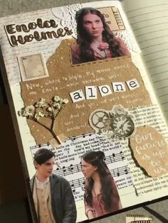 an altered book with pictures and words on the pages, including two people looking at each other