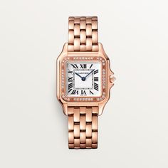 Cartier - Panthère de Cartier watch - Watch Woman Pink gold/Diamond - Panthère de Cartier watch, medium model, quartz movement. Case in rose gold 750/1000 set with brilliant-cut diamonds, dimensions: 27 mm x 36 mm, thickness: 6 mm, crown set with a diamond, silvered dial, blued-steel sword-shaped hands, rose gold 750/1000 bracelet. Water-resistant to 3 bar (approx. 30 meters). Gold Watches Women, Cartier Panthere, Christmas Gifts For Girlfriend, Cartier Watch, Forever Jewelry, Yellow Gold Setting, Gold Set, Luxury Watch, Steel Bracelet