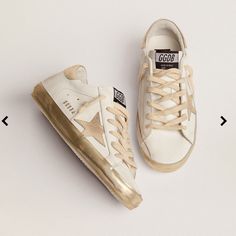 Women's Super-Star With Gold Sparkle Foxing And Metal Stud Lettering Leather Street Style, Golden Family, Goose Sneakers, Goose Shoes, Gold Sneakers, Exclusive Sneakers, Golden Goose Sneakers, Golden Goose Shoes, Star Sneakers