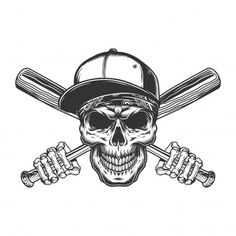 a skull wearing a baseball hat and holding two bats in his hands with the other hand