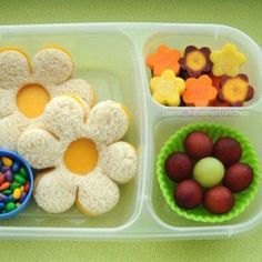 a plastic container filled with different types of food on top of a green tablecloth