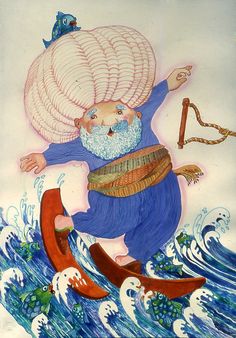 a painting of a man with a big hat on his head riding a boat in the ocean