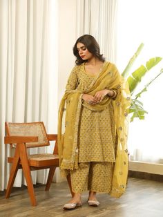 Beautiful handblock printed straight kurta pants set in pure cotton with lovely matching cotton doriya dupatta that is rightly finished with small floral motifs. Color: Yellow Fabric: Kurta & Bottom - Cotton Dupatta -Kota Doria Note: Length and sizes can be customised Length - Kurta 40 inches Pants 38 inches Available in other colors If you happen to see some deformity in hand-work or fabric, that’s mere the technique of the same and not a defect. The garment is quite premium. The product will b Gulabo Jaipur, Palazzo Kurta, Insta Image, Block Printed Suits, Reception Bride, Party Reception, Kurta Cotton, White Kurta