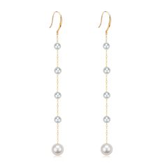 Enhance your jewelry collection with our Freshwater Pearl Dangle Cluster Earrings, featuring elegant 18K gold hooks. Each earring is intricately designed with four small pearls linked by fine gold wires, culminating in a luminous 6-7mm pearl at the bottom. The combination of delicate pearls and the luxurious warmth of 18K gold creates a stunning visual harmony, perfect for adding a touch of sophistication to any ensemble. Product Details: Pearl Type: Freshwater Pearls Pearl Size: Small pearls wi Akoya Pearl Dangle Earrings For Pierced Ears, Dangle Akoya Pearl Earrings For Pierced Ears, 14k Yellow Gold Dangle Pearl Earrings, Elegant Yellow Gold Drop Chandelier Earrings, Elegant Gold Long Drop Linear Earrings, 14k Gold Drop Pearl Earrings With Pearl Chain, 14k Gold Pearl Chain Drop Earrings, Yellow Gold Long Drop Pearl Earrings, Gold Linear Pearl Chain Earrings For Formal Occasions