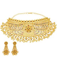 This dazzling 22 karat gold jewelry set for women has beautiful meenakari elements that mix cultural and tradition with style and elegance. The brilliant design and style of the 22k gold choker earrings and matching earrings will be a stunning addition to any formal or traditional look.Features• 22K Yellow Gold• Meenakari accents• Beaded detailsOur 22k yellow gold jewelry sets for women are just what a lady needs to feel beautiful for any occasion. At Virani Jewelers, we carry a wide selection o 22k Gold Meenakari Jewelry Sets For Celebration, Meenakari 22k Gold Jewelry Sets For Celebration, 22k Gold Multicolor Chandbali Jewelry, Gold Plated Gold Jewelry With Meenakari, Bollywood Style 22k Gold Multicolor Jewelry, 22k Gold Meenakari Chandbali Jewelry Sets, Festive Yellow Gold Kundan Jewelry Sets, Yellow Gold Jewelry Sets For Festivals, Bollywood Style Multicolor 22k Gold Jewelry