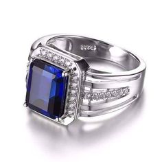 Reginald 4.3CT Emerald Cut Swiss Blue Sapphire IOBI Precious Gems Men's Ring,emerald cut sapphire ring, 4.3ct simulated blue sapphire ring,men's style sapphire ring Emerald Cut Sapphire Ring, Blue Sapphire Wedding Band, Mens Ring Designs, Ring Emerald Cut, Silver Jewels, Gem Ring, Men Diamond Ring, Blue Sapphire Rings, Ring Fit