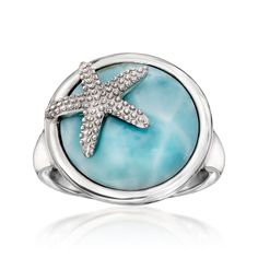 Ross-Simons - Larimar Starfish Ring in Sterling Silver. Size 8. Boasting a bright blue hue evocative of tropical waters, this aquatic statement ring features a 15mm round Larimar cabochon topped with a studded sterling silver starfish. Perfect for the beach dweller or anyone who feels connected to the beauty of the sea. 5/8" wide. Larimar starfish ring. Starfish Ring, Beach Rings, Blue Hues, Bright Blue, Statement Ring, Starfish, The Sea, Statement Rings, Jewelry Rings