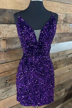 Glitters purple sequin bodycon mini dress features double straps, v neck with mesh insert and lace up back. SKU: 3032 Material: Sequin Zip up back Ship in 7-10 business days Fully lined Built in bra Size: US 2-16. We offer free returns in 7 days. Please refer to our return policy page for more details. If you have any questions, please feel free to contact us: service@dressesforparty.com. Purple Hoco Dresses, Color Uva, Hi Friend, Professional Dress, Cheap Homecoming Dresses, Graduation Dresses, Sequin Design, Mini Party, Short Homecoming Dress