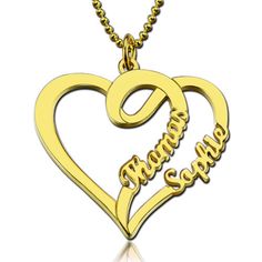 Gold Heart Necklace With Name For Mom, Yellow Heart-shaped Jewelry For Mother's Day, Yellow Heart-shaped Jewelry For Valentine's Day, Customized Gold Heart Necklace For Mother's Day, Gold Double Heart Name Necklace With Charm, Customized Gold Double Heart Necklace, Valentine's Day Heart-shaped Yellow Gold Name Necklace, Valentine's Day Yellow Gold Heart Name Necklace, Yellow Heart Pendant Necklace For Valentine's Day