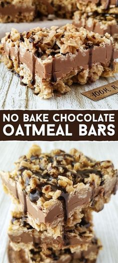 no bake chocolate oatmeal bars are stacked on top of each other