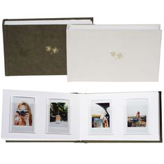 an open book with photos inside and outside the cover is shown in three different colors