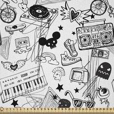 black and white doodle style illustration of various objects in the shape of a circle