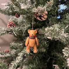 a teddy bear ornament hanging from a pine tree