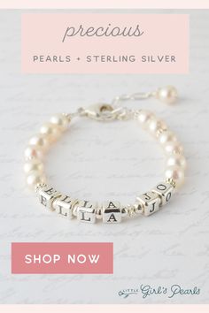 Personalized jewelry sized just for girls. Delicate and dainty, this bracelet will make her feel like a little princess. Beautiful cultured freshwater pearls mingle with shiny sterling silver daisies for a bit of sparkle. An heirloom she'll treasure forever.  https://littlegirlspearls.com/collections/pearl-bracelets/products/precious-pearls-name-bracelet Hypoallergenic Sterling Silver Pearl Bracelet, Dainty Customizable Silver Bracelet, Silver Sterling Beaded Bracelets For Birthday, Classic Personalized Beaded Bracelets As Gift, Classic Personalized Beaded Bracelets For Gifts, Adjustable Silver Pearl Bracelet For Birthday, Classic Sterling Silver Custom Name Bracelet, Elegant Silver Name Bracelet With Round Beads, Personalized Sterling Silver Bracelet For Mother's Day