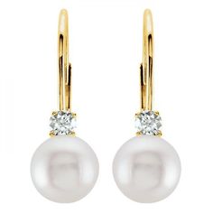 Cultured Akoya Pearl & Diamond Earrings Leverbacks 14K Yellow Gold Princess Diamond Earrings, Pearl Diamond Earrings, Diamond Earrings Studs Round, Edwardian Jewelry, Number 0, Yellow Gemstones, Pearl And Diamond Earrings, Pearl Jewellery Earrings, Akoya Pearls