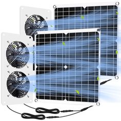 two fans with wires attached to them and an image of the same fan on each side