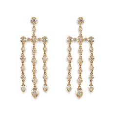 Details 14k gold graduated round + teardrop Sophia diamond chandelier stud earrings Available in 14k yellow, rose and white gold Handmade in USA Sold as a pair Earrings are 2.5" long