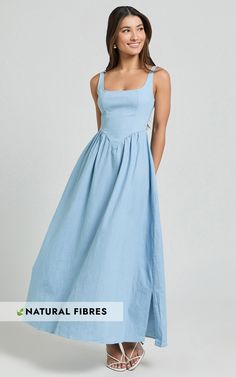 Rhaziya Midi Dress - Sleeveless Straight Neck Fit and Flare Dress in Blue | Showpo USA Light Blue Wedding Guest Dress, Blue Wedding Guest Dress, Triangle Outfits, Light Blue Midi Dress, Inverted Triangle Outfits, Graduation Outfit Ideas, France Summer, Basic Black Dress, Light Blue Wedding